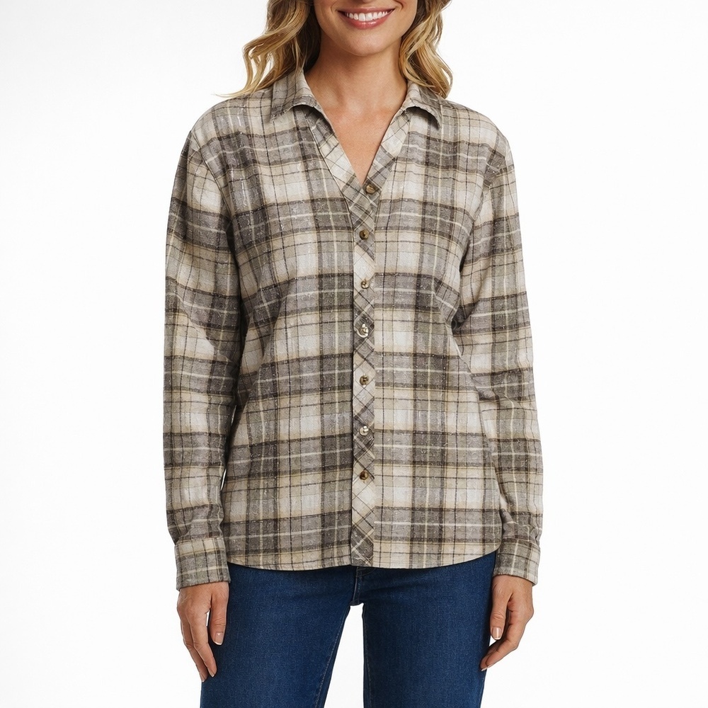 Weatherproof Women's L Button-Up Plaid Comfort Stretch a1929